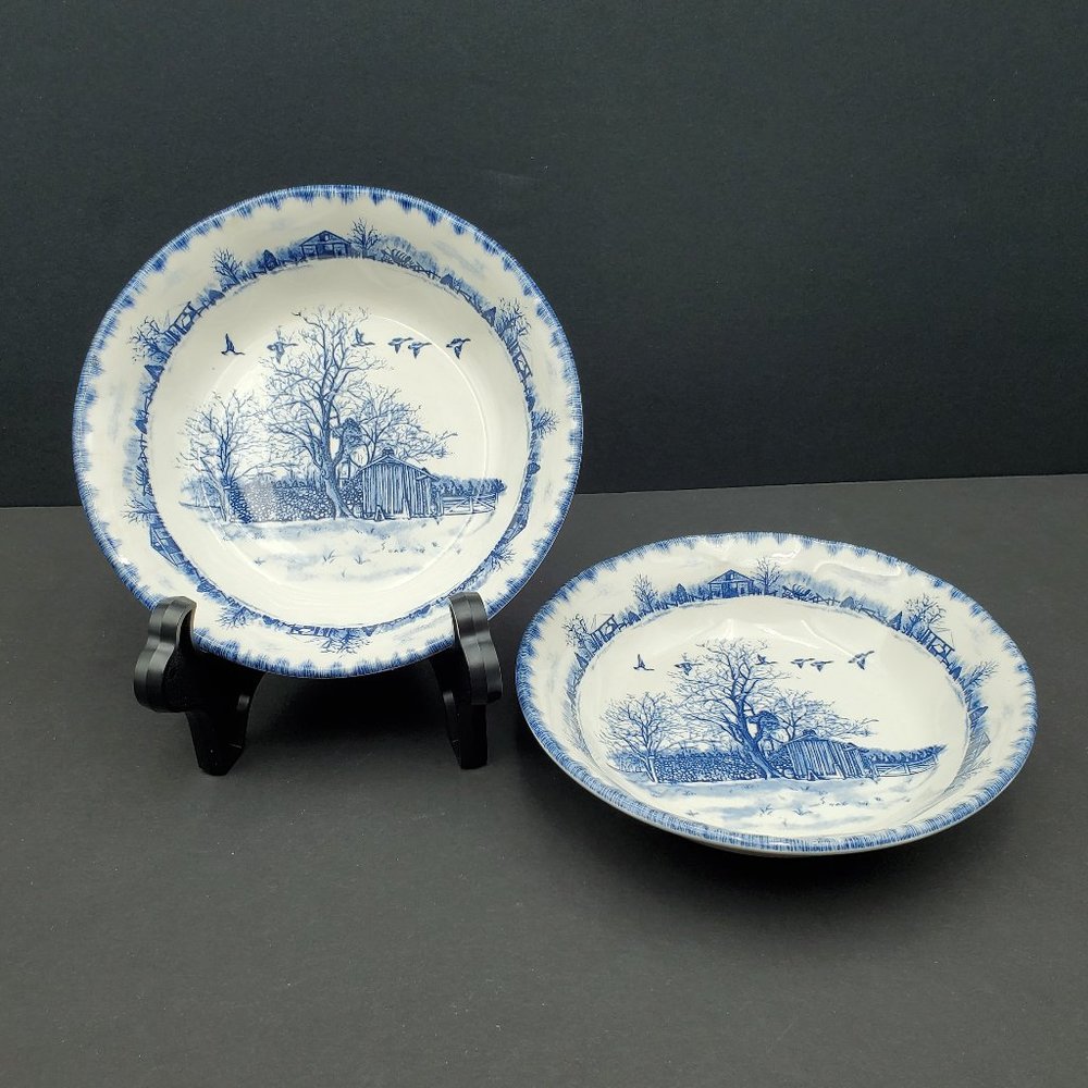 International Tableworks Riverwood Coupe Soup Cereal Bowls Blue Farm Scene